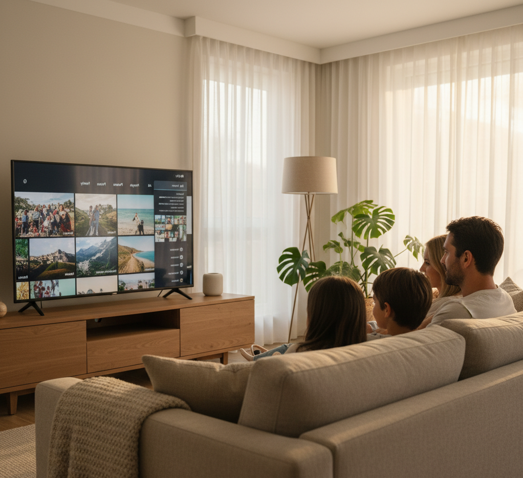 Family viewing organized photo library in modern DFW home